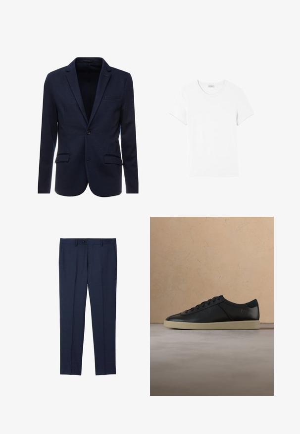 Marineblå blazer lavet af tekstureret stof, med en enkelt knaplukning, smal klapkrave og to forreste lommer.; American Vintage GAMIPY - T-shirts basic - blanc; Marine skræddersyede bukser lavet af et glat stof. Har knaplukning, frontlommer og et lige ben design.; Sort læder sneakers med snørebånd og beige sål, svævende over beige tæppe foran en beige sofa i en minimalistisk indretning.