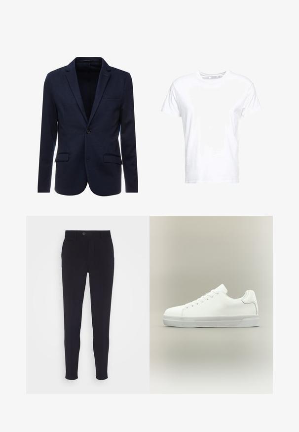 Marineblauwe blazer van textuurstof, met een enkele knoopsluiting, gelanceerde revers en twee voorzakken.; Witte katoenen t-shirt met een ronde hals en korte mouwen, in een klassiek model met een gladde textuur. Geen patronen of hardware zichtbaar.; Marinelblauwe tailored broek met een slim fit, voorzien van een knoopsluiting, zijzakken en een gladde, licht gestructureerde stof.; Witte lage sneaker met veters aan de voorkant, gevoerde kraag en gerubberde zool met textuur, zijaanzicht op een neutrale achtergrond.