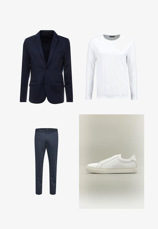 Blazer azul marino de tela texturizada, con cierre de un solo botón, solapas muesca y dos bolsillos frontales.; Camiseta blanca de manga larga hecha de algodón, con cuello redondo y una textura suave. Sin patrones ni acentos. Diseño sencillo.; Pantalones azul marino de tejido texturizado con corte ajustado, que cuentan con cierre de botón y trabillas para cinturón, adecuados para uso casual o formal.; Zapatilla blanca de perfil bajo con cordones en la parte delantera y suela gruesa, mostrada de lado sobre un fondo neutro.