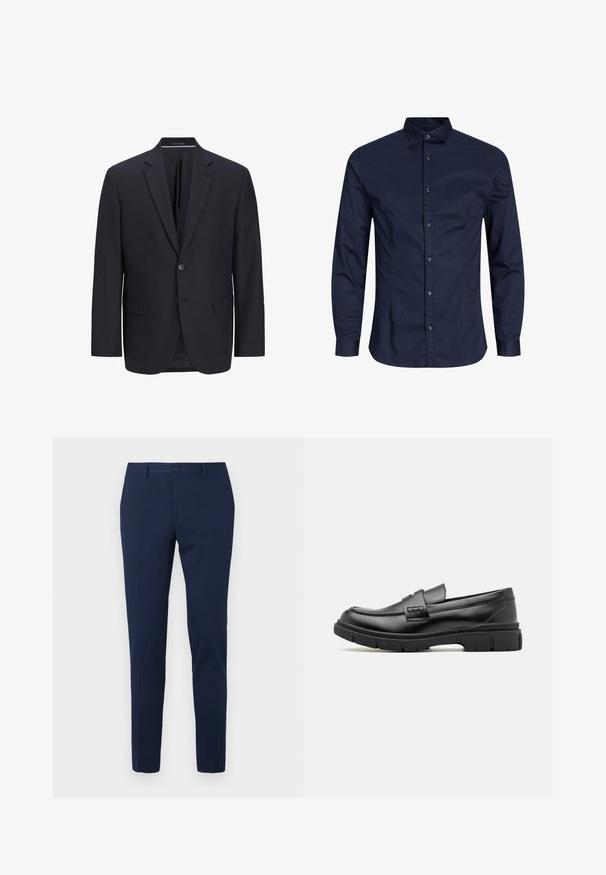 Blazer navy de tejido suave, con solapa muesca, dos botones, un bolsillo en el pecho y dos bolsillos laterales.; Camisa de botones de manga larga color azul marino, de tela de algodón, con cuello, cierre frontal con botones, textura suave, sin patrones ni acentos notables.; Pantalones de vestir color azul marino con diseño de pierna recta, hechos de un tejido suave. Cuentan con cierre frontal de botón y dos bolsillos laterales.; Mocasin de cuero negro con una cinta ancha en el empeine, suela de goma con tacos gruesos y textura suave. Diseño clásico y elegante.