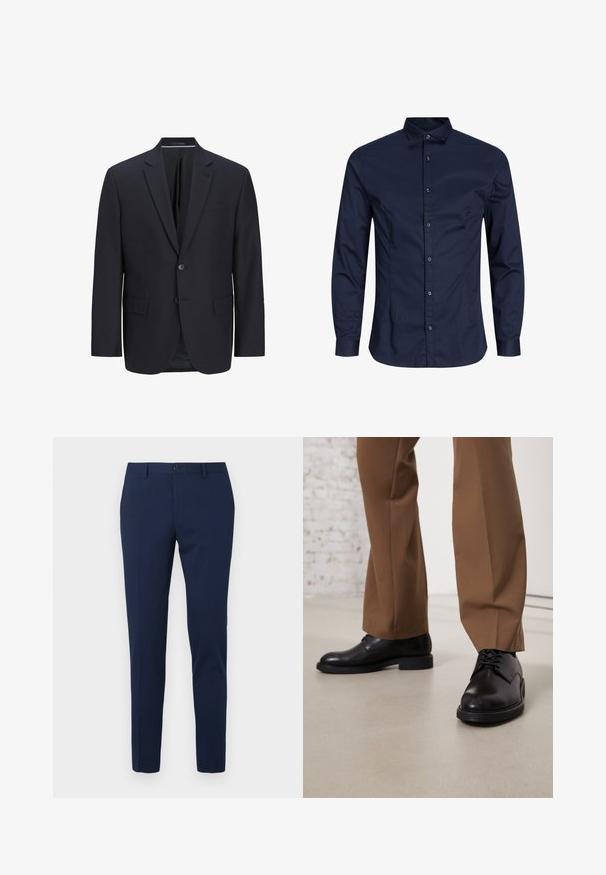 Marineblazer van gladde stof, met een geknickte revers, twee knopen, een enkele borstzak en twee zijzakken.; Navy blauwe langärmige button-up shirt, katoen stof, met kraag, voorste knoopsluiting, gladde textuur, zonder merkbare patronen of accenten.; Marineblauwe pantalon met een rechte pijp, gemaakt van een gladde stof. Voorzien van een knoopsluiting aan de voorkant en twee zijzakken.; Zwarte leren schoenen met een gladde oppervlakte en een ronde neus, metveterafsluiting en een lage, platte zool. Gecombineerd met bruine broeken.