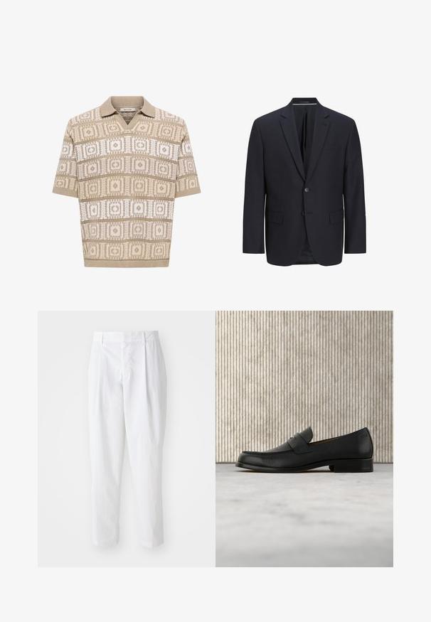 Blazer marine en tissu lisse, avec des revers crantés, deux boutons, une poche poitrine simple et deux poches latérales.; Polo en maille beige à manches courtes avec motifs géométriques carrés et losanges en beige et blanc, col et poignets côtelés.; Pantalons plissés blancs à taille haute et longueur cropped, avec une texture lisse et des lignes épurées. Pas de matériel visible ni de motifs.; Mocassin en cuir noir flottant au-dessus d'un tapis beige avec une table ronde brune brillante en arrière-plan.