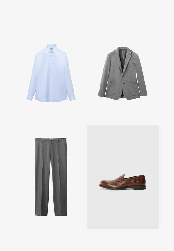 Blazer de lana gris con tela texturizada, solapas con muesca, dos bolsillos delanteros y cierre de botones. Incluye un forro interior sutil.; Camisa de manga larga azul clara en un tejido suave, con cuello puntiagudo y botonera completa con botones blancos. Sin estampados ni acentos.; Pantalones de vestir para hombre hechos a medida en color gris, con trabillas para cinturón y cierre de botón, mostrados sobre un fondo blanco.; Stuart Weitzman BURT - Zapatos sin cordones - auburn