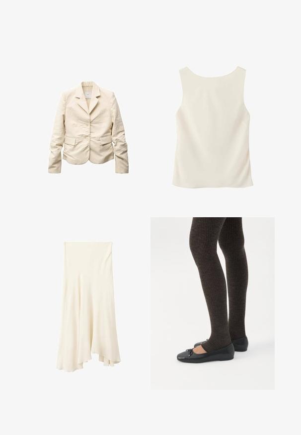 Cream-colored women's blazer with long sleeves, two buttons, notched lapel collar, and front flap pockets, displayed on white background.; Sleeveless off-white top with a scoop neckline, displayed flat showing the back side without any patterns or decorations.; Cream-colored flowy midi skirt with an asymmetrical hem and soft fabric drape.; Legs wearing dark ribbed leggings paired with black ballet flats featuring small bow details on a white background.