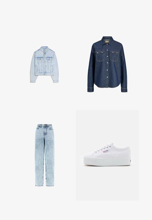 Veste en denim bleu clair avec boutons pression, deux poches poitrine à rabat, col montant et manches longues.; Chemise en denim bleu foncé avec un col pointu, deux poches poitrine et des accents cousus. Elle dispose d'une fermeture à boutons et de manches longues.; Jean taille haute en denim bleu clair délavé, coupe droite, bouton et fermeture éclair à l’avant, poches avant.; Baskets en toile blanches avec une épaisse semelle plateforme blanche, bout rond et œillets en métal pour les lacets. Logo de la marque affiché sur le côté.