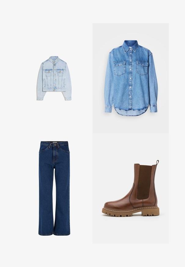 Lichtblauwe spijkerjasje met drukknopen, twee klepzakken op de borst, een opstaande kraag en lange mouwen.; Denimshirt met een lichtblauwe kleur, klassieke kraag, knoopsluiting aan de voorkant, twee borstzakken en een afgeronde zoom met stikseldetails.; Wijdvallende denim jeans in donkerblauw, met een hoge taille, voorpockets en contrasterende stiksels langs de naden.; Bruine leren enkelboot met elastische panelen en een trekomed. Kenmerkt zich door een robuuste rubberen zool en zichtbare stiksels langs de randen.