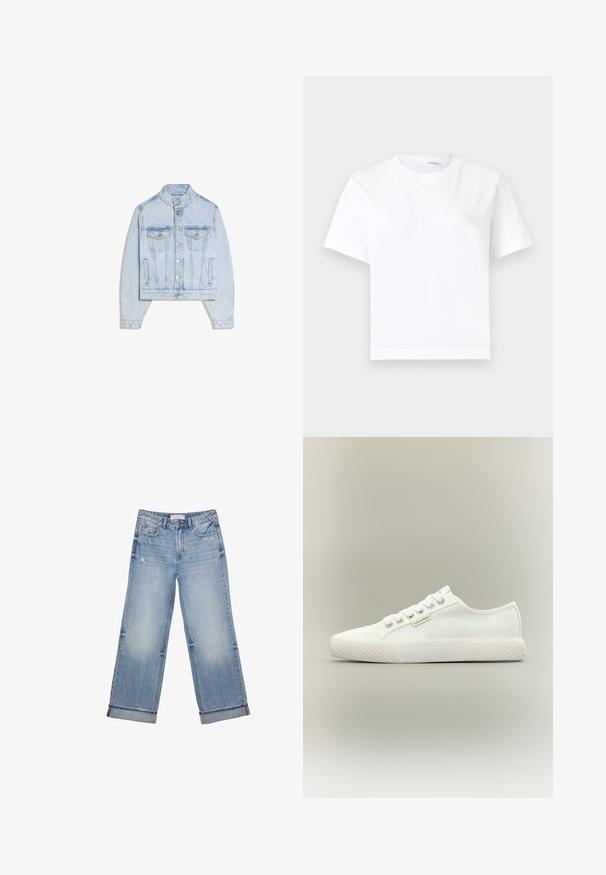 Lyseblå denimjakke med trykknapper, to brystlommer med klap, ståkrave og lange ærmer.; Hvid kortærmet bomuld t-shirt med rund halsudskæring og lige kant, vist på en hvid baggrund.; Lyseblå denimjeans med bred bendesign, der har frynset kant, let slid og klassisk fem-lommes design.; Hvid lavtopet lærreds-sneaker med tekstureret gummisål, hvide snørebånd og lille Calvin Klein-mærke på siden.
