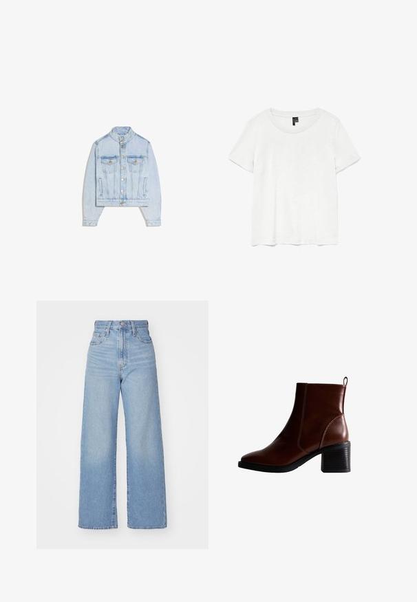 Veste en denim bleu clair avec boutons pression, deux poches poitrine à rabat, col montant et manches longues.; T-shirt blanc à manches courtes avec un col rond, fabriqué en tissu léger. Design simple, texture lisse et ourlet droit.; Jean large taille haute bleu clair avec bouton et fermeture éclair à l'avant, poches avant et arrière, sur fond blanc.; Bottine en cuir marron avec un bout carré et des coutures sur le côté, un talon empilé de 7,5 cm, et une languette au dos pour un enfilage facile.