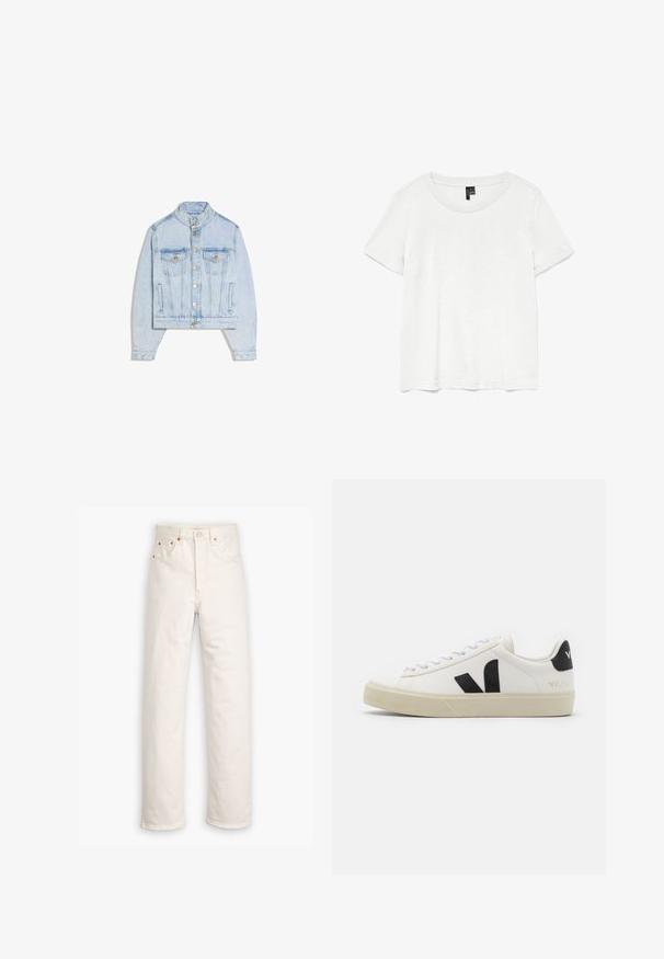Veste en denim bleu clair avec boutons pression, deux poches poitrine à rabat, col montant et manches longues.; T-shirt blanc à manches courtes avec un col rond, fabriqué en tissu léger. Design simple, texture lisse et ourlet droit.; Jeans en denim blanc avec un design à jambe droite, style cinq poches et accents en métal cuivré. Finition effilochée au niveau des chevilles.; Baskets en cuir blanc avec un logo V en caoutchouc noir. Semelle texturée blanc cassé, lacets blancs et détail sur le talon arrière portant le nom de la marque en noir.