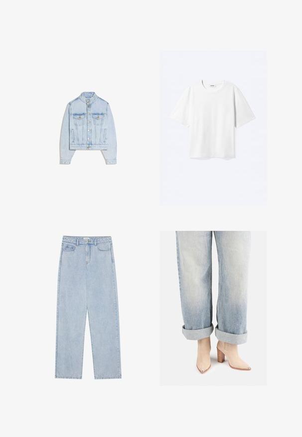 Hellblaue Jeansjacke mit Druckknöpfen, zwei Brustklappen, Stehkragen und langen Ärmeln.; Weißes T-Shirt mit kurzen Ärmeln und Rundhalsausschnitt mit geradem Saum, innen mit gebrandetem "WEEKDAY"-Label am Kragen.; Helles blau, hoch taillierte Denim-Jeans mit geradem Bein, fünf Taschen und sichtbaren Nähten. Material hat eine klassische Waschtextur.; Beige Wildleder-Ankle-Boots mit einer spitzen Zehenpartie und metallicfarbenem Absatz, kombiniert mit hellblauen hochgekrempelten Jeans.