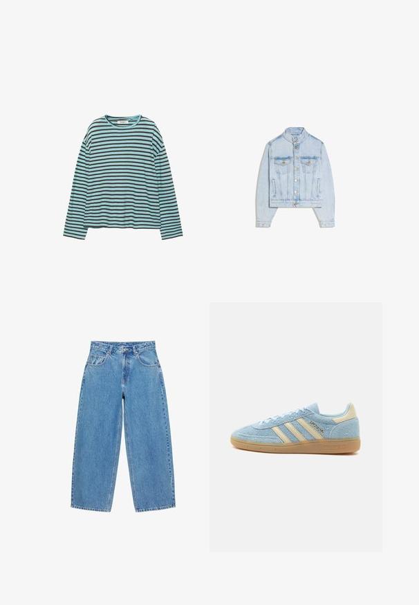 Veste en denim bleu clair avec boutons pression, deux poches poitrine à rabat, col montant et manches longues.; Chemise à manches longues avec col rond, rayures horizontales noires et bleu clair, coupe décontractée et ourlet droit.; Jean en denim bleu à jambes larges avec taille haute, fermeture par bouton et fermeture éclair, poches avant et arrière, et passants pour ceinture.; Baskets Adidas en daim bleu clair avec des bandes beiges et un empiècement au talon, semelle en gomme et marquage "SPEZIAL" sur le côté.