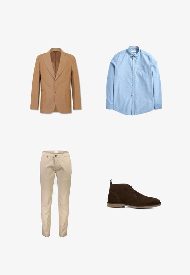 Heren blazer in lichtbruin met twee knopen, inkeping revers, twee voorste opgestikte zakken en een borstzak, afgebeeld tegen een witte achtergrond.; Lichtblauw button-up overhemd van katoen; heeft een kraag, lange mouwen, een zak op de linkerborst en een gladde, gestructureerde afwerking.; Beige katoenen broek met een rechte pijp, voorzien van voorzakken, een ritssluiting en een enkele knoopsluiting. Gladde textuur, zonder patronen.; Bruine suède enkellaars met twee veterogen, aantreklipje bij de hiel en lichtbruine rubberen zool, vanaf de binnenkant getoond.