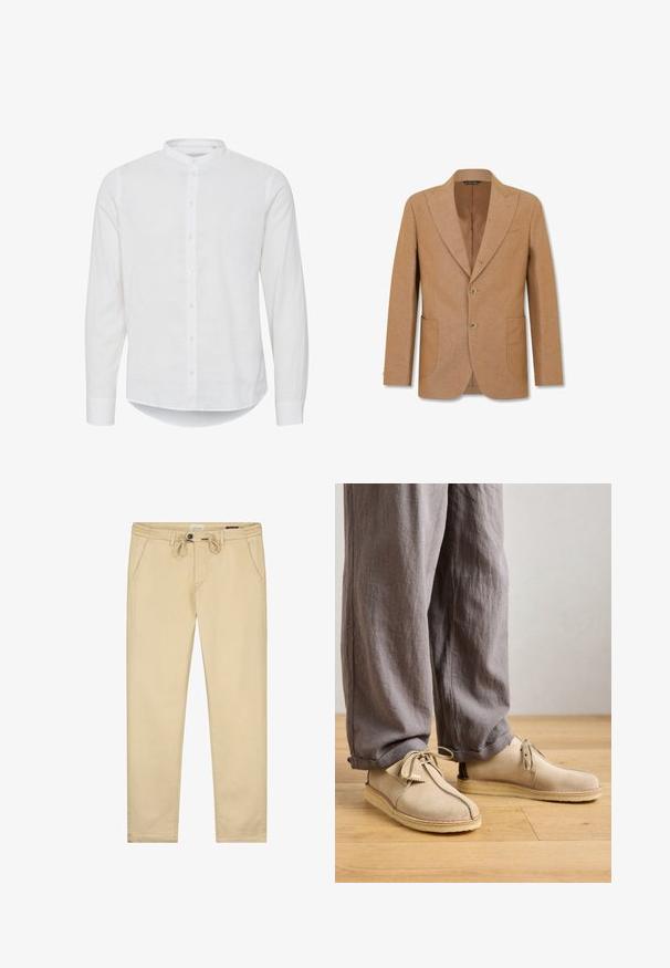 Blazer pour homme de couleur camel avec deux boutons, revers à encoche, deux poches plaquées à l'avant et une poche poitrine passepoilée, présenté sur fond blanc.; Chemise blanche à manches longues avec un col mandarin, bouton sur le devant et un ourlet légèrement incurvé. Fabriquée en lin léger.; Pantalon en coton beige avec une taille à cordon, poches latérales et une coupe droit. Texture lisse avec un minimum de détails.; Chaussures en suède beige à bout rond, avec des détails de lacets et des accents cousus, assorties à un pantalon en lin gris ample sur un sol en bois.