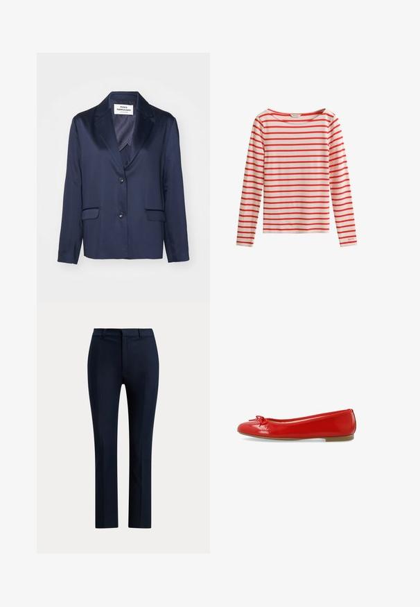 Blazer navy en tissu lisse avec un revers cranté, fermeture à bouton simple et deux poches avant. Présente un design simple et épuré.; Chemise blanche à manches longues avec des rayures rouges horizontales espacées régulièrement et un col rond, étiquette de la marque GANT sur le poignet et à l'intérieur du col.; Pantalon droit bleu marine foncé sur mesure avec passants de ceinture et fermeture éclair devant, sur fond blanc.; Ballerines en cuir verni rouge avec un bout arrondi, un nœud sur le devant et une semelle en caoutchouc beige basse. Texture de surface lisse.