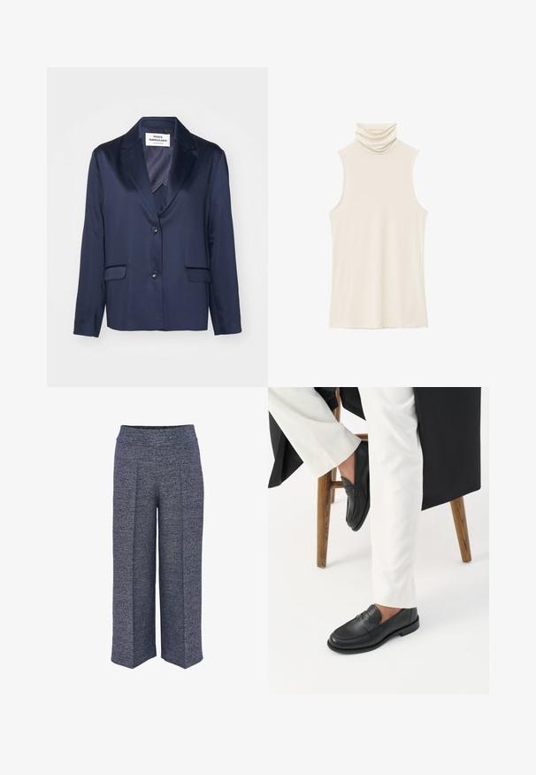 Navy blazer van gladde stof met een notch lapel, sluiting met één knoop en twee voorzakken. Kenmerkt zich door een eenvoudig, gestroomlijnd ontwerp.; Crèmekleurige mouwloze top met een hoge, gedrapeerde col. Gemaakt van zachte, gladde stof met een lichte, rekbare textuur en zonder versieringen.; Wijduitlopende broeken gemaakt van een gestructureerde marineblauwe stof, met een hoge tailleband en nette voorplooien voor een gestructureerd ontwerp.; Persoon die zwarte leren loafers en witte broek draagt, zittend op een houten kruk tegen een witte achtergrond.