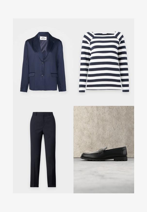 Marineblazer lavet af glat stof med en knapkrave, enkeltknap lukning og to forlommer. Har et enkelt, strømlinet design.; TOM TAILOR STRIPED CARRE NECK - Langærmet T-shirt - lunar eclipse/off white; Marineblå skræddersyede bukser med lige snit, der har en glat tekstur, to frontlommer og en ren talje.; Sorte læder loafers med en hævet søm, guld accentlogo og tekstureret rem. Har en tykk, holdbar gummisål.