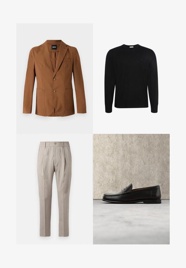 Brun blazer lavet af et glat stof, med en klippet revers, to frontlommer, to knapper og en enkelt brystlomme.; Sort langærmet bluse med rund hals og subtilt tekstureret stof samt lille broderet logo på venstre bryst.; Beige skræddersyede bukser med en glat overflade, der har knaplukning, elastisk talje og to forlommer. Lige ben-design.; Sort læder penny loafer med lav hæl, rundet tå og syningsdetaljer langs fronten og siderne, vist på neutral baggrund.