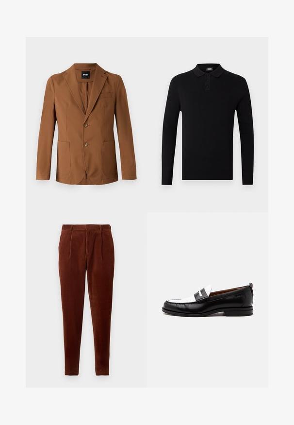 Bruine blazer gemaakt van een gladde stof, met een inkeping op de revers, twee voorzakken, twee knopen en een enkele borstzak.; Zwart poloshirt met lange mouwen van ribbelstof, drie-knoopsluiting en een zachte kraag. Eenvoudig en veelzijdig ontwerp.; Bruine corduroy broek met een rechte pasvorm, voorzien van voorkruis, twee zijzakken en een gladde textuur. Geschikt voor casual draag.; Zwart-witte leren loafer met gestikte details, lage hak en slip-on ontwerp, zijaanzicht op een egale achtergrond.