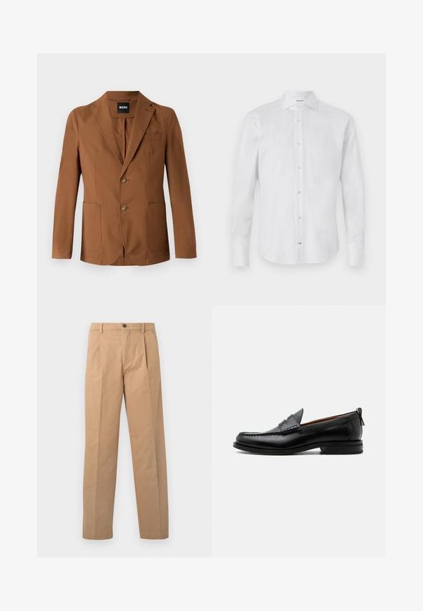 Brauner Blazer aus einem glatten Stoff, mit einem Reverskragen, zwei Fronttaschen, zwei Knöpfen und einer einzelnen Brusttasche.; Weißes Langarm-Hemd mit Knopfleiste aus glattem Stoff; verfügt über einen klassischen Kragen, eine Knopfleiste und einen abgerundeten Saum.; Khakihosen mit geradem Bein, aus Baumwollstoff; verfügen über einen einzigen Knopfverschluss und zwei Vorderfalten.; Schwarzer Leder-Herrenschuh mit Mokassinnaht, Penny-Riemen, strukturiertem Kragen und niedrigem gestapeltem Absatz auf weißem Hintergrund.