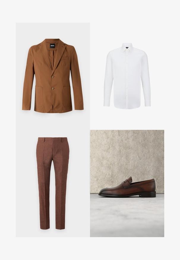 Blazer marrón hecho de una tela suave, que presenta un pico en la solapa, dos bolsillos frontales, dos botones y un bolsillo en el pecho.; Camisa blanca de manga larga hecha de tejido suave, con un cuello clásico y cierre de botones, con un ajuste estructurado y un ligero brillo.; Pantalones de lino marrones con un acabado texturado, presentan un diseño de corte slim, pliegues frontales cosidos y dos bolsillos laterales.; Mocasín de cuero marrón para hombre con parte delantera perforada y detalle de correa, ubicado sobre una alfombra beige, con una mesa redonda brillante de color marrón en el fondo.