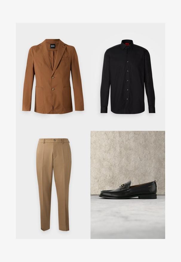 Brun blazer lavet af et glat stof, med en klippet revers, to frontlommer, to knapper og en enkelt brystlomme.; Sort langermet skjorte lavet af glat stof, med en klassisk krave, knaplukning foran og skræddersyet pasform.; Brune skræddersyede bukser med lige snit, enkelt plissé, bæltestropper og frontknaplukning. Glat stof med en mat overflade.; Sort læderloafers med guldfarvet metaldekoration og "HUGO" branding, vist mod en beige tæppe og brunt gennemsigtigt møbel.