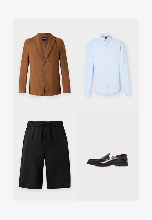 Blazer marron en tissu lisse, avec un revers cranté, deux poches avant, deux boutons et une poche poitrine.; Chemise bleu clair à manches longues avec boutons, col boutonné et logo délicatement brodé sur la poitrine gauche.; Shorts noirs avec une taille élastique et un cordon de serrage. Dotés d'une texture lisse et d'une coupe ample. Design simple sans poches ni embellissements.; Mocassin pour homme en cuir noir, sans lacets, avec petit talon et coutures décoratives à l'avant et sur les côtés, sur fond blanc.