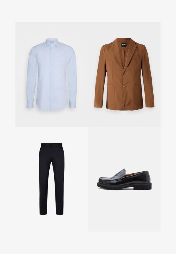 Brauner Blazer aus einem glatten Stoff, mit einem Reverskragen, zwei Fronttaschen, zwei Knöpfen und einer einzelnen Brusttasche.; Helles blaues Langarmshirt aus glattem Baumwollmaterial, ausgestattet mit einem klassischen Kragen, einer Knopfverschluss und dezentem Branding auf der Brust.; Marineblaue Hose mit schlanker Passform, flachem Bund, Gürtelschlaufen und einer glatten Stoffstruktur. Geeignet für formelle Kleidung.; Schwarze Leder-Penny-Loafer mit strapazierfähiger Gummisohle und Mokassin-Stich, seitlich auf einem weißen Hintergrund dargestellt.