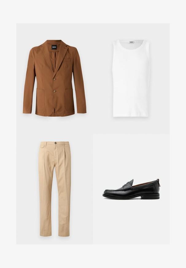 Blazer marron en tissu lisse, avec un revers cranté, deux poches avant, deux boutons et une poche poitrine.; Débardeur en coton blanc sans manches avec un col rond et une texture lisse. Design simple, sans motifs ni accents.; Pantalons en coton beige à jambe droite pour homme, avec poches avant, passants de ceinture, fermeture à bouton et zip, sur fond blanc.; Mocassin homme en cuir noir avec couture moc toe, bride penny, col texturé et petit talon empilé sur fond blanc.