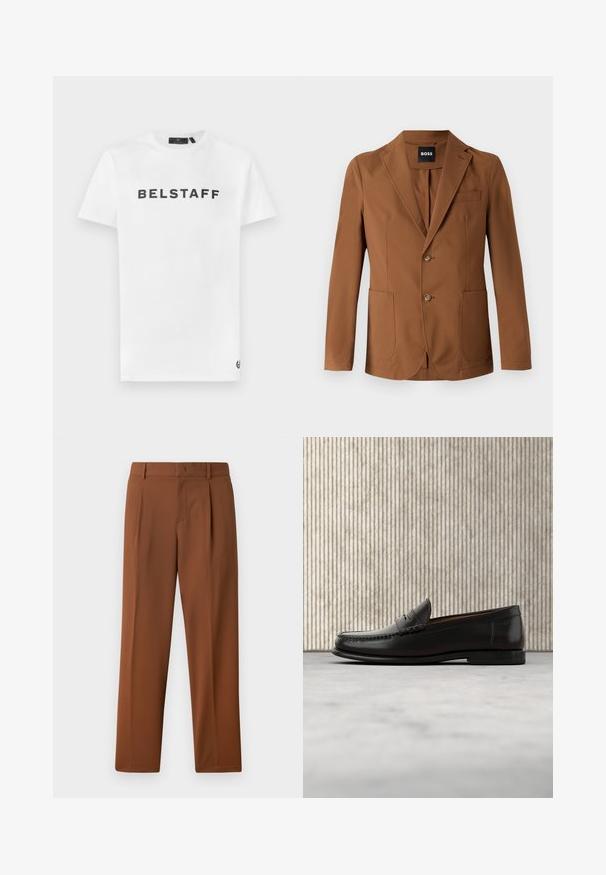 Bruine blazer gemaakt van een gladde stof, met een inkeping op de revers, twee voorzakken, twee knopen en een enkele borstzak.; Witte katoenen t-shirt met een zwart 'BELSTAFF' logo op de voorkant. Klassieke ronde hals en korte mouwen met een klein logo detail op de zoom.; Bruine broeken met een gladde, matte textuur, voorzien van een geplooide voorkant en rechte benen. Gemaakt van lichtgewicht, ademende stof.; Zwarte leren penny loafer met lage hak, afgeronde neus en gestikte details langs de voorkant en zijkanten, afgebeeld op een neutrale achtergrond.
