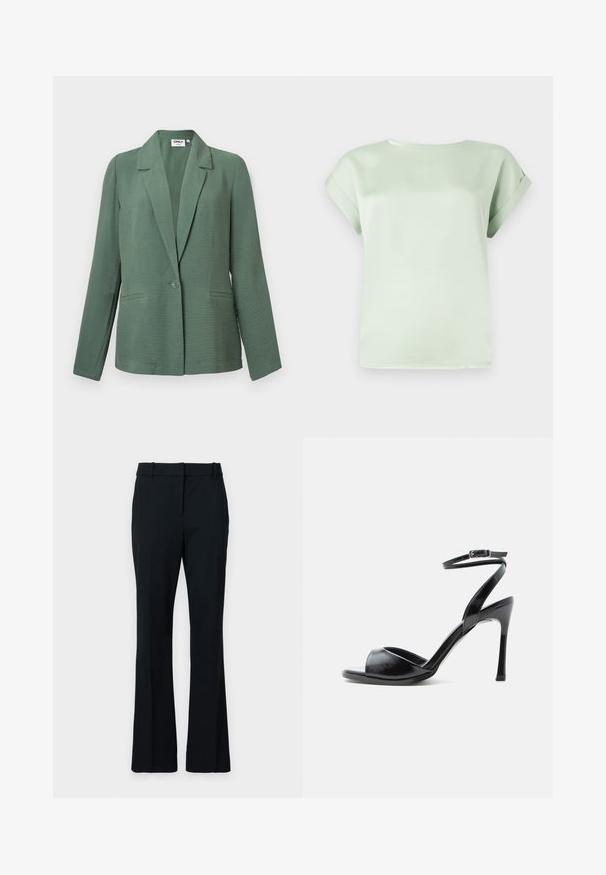 Blazer de un solo botón en verde claro con textura, solapas con muesca y dos bolsillos frontales ojal, mangas largas y un corte cómodo.; Blusa de manga corta de color verde claro con mangas puestas y cuello redondo, presentada plana sobre un fondo blanco.; Pantalones de campana negros, hechos de una tela suave. Presentan un frente plano, pasadores para cinturón y un corte entallado que se ensancha gradualmente hacia el fondo.; Sandalia negra de tacón alto con puntera abierta, tacón de aguja delgado y correa en el tobillo con hebilla sobre fondo blanco.