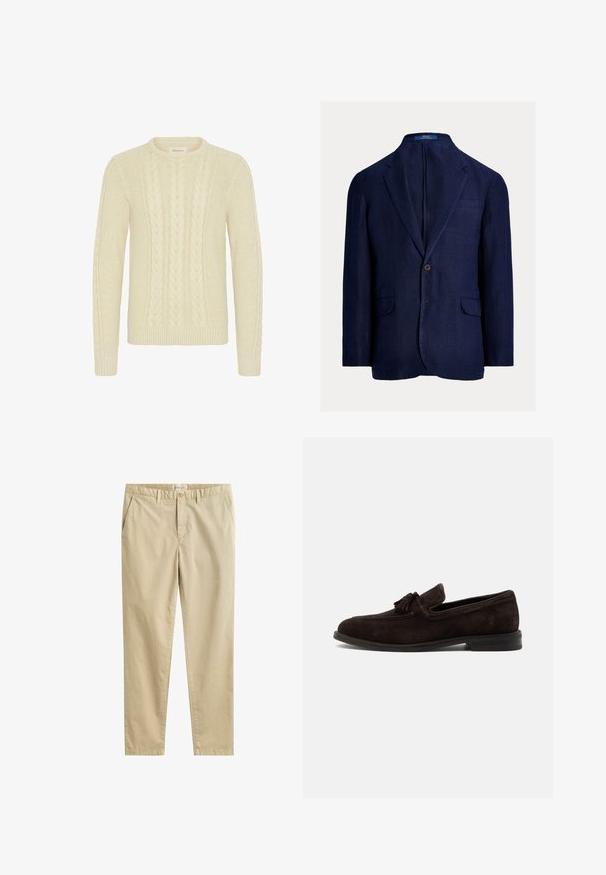Marineblå linnedblazer med enkeltknaplukning, hakrevers, to forlommer og en brystlomme. Struktureret stof med en afslappet pasform.; Blend BHBASIM - Striktrøje - oyster gray; Beige bomuld bukser med lige ben, bæltestropper, sidelommer, knaplukning og GANT mærke inde i linningen.; Mørkebrun herre loafer i ruskind med kvaster, syninger og lav hæl, vist i profil på en ensfarvet baggrund.