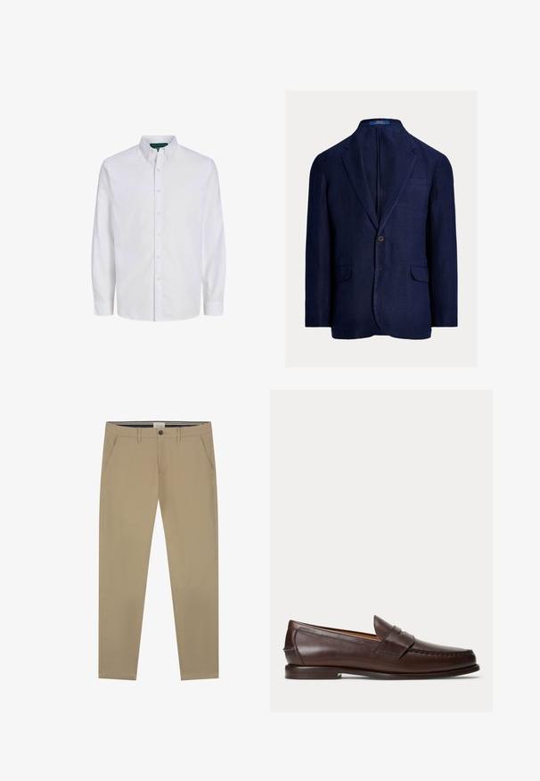 Marineblauer Leinenblazer mit einreihiger Knopfleiste, Revers mit Kerbe, zwei Vorderfächern und einer Brusttasche. Strukturierter Stoff mit legerer Passform.; Weißes Baumwoll-Hemd mit klassischem Kragen, langen Ärmeln und gerader Säume. Verfügt über sechs Vorderknöpfe und eine schlichte Textur.; Beige Chinos aus glattem Baumwollstoff, mit geradem Bein, einem Knopfverschluss und zwei Seitentaschen. Dezente Nähdetails.; Dunkelbrauner Leder-Pennyloafer mit Nahtdetails und niedrigem gestapeltem Absatz, seitlich auf einfachem Hintergrund gezeigt.