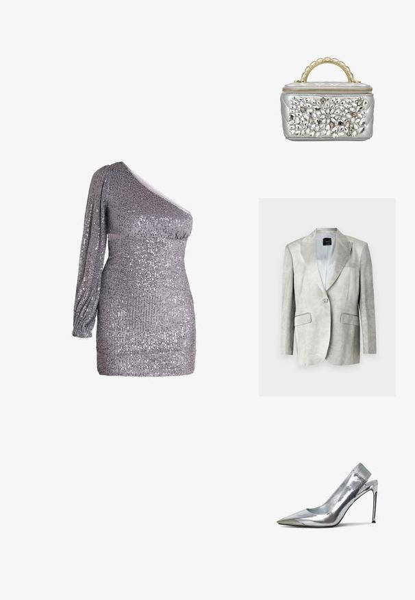 Lichtgrijze blazer met een gladde textuur, geknipte revers, enkele-knoopsluiting en twee voorzakken. Eenvoudig ontwerp, perfect op maat.; Zilveren mini-jurk met pailletten, met één lange mouw en één off-shoulder bandje, aansluitend silhouet en detail met geplooide pols.; Zilveren slingback hoge hak schoen met een spitse neus en metallic afwerking. Heeft een strakke uitstraling en minimalistische accenten op de hak.; Zilverkleurige gewatteerde handtas met goudkleurig gevlochten handvat en grote cluster van transparante en beige decoratieve edelstenen op het voorpaneel.
