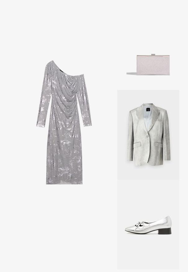 Lys grå blazer med en glat tekstur, klapkrave, enkelt knaplukning og to frontlommer. Enkel design, skræddersyet pasform.; Sølv off-the-shoulder kjole med lange ærmer, draperet stof og en struktureret glans. Har en glat, blank overflade med en kropsnær silhuet.; Sølv syntetisk lædersko med spids tå, dekorativ snøredetalje og en lav, firkantet sort hæl. Glat tekstur og blank finish.; Rektangulær sølvglitter clutchtaske med metalramme og lås, der kaster en skygge på en hvid baggrund.