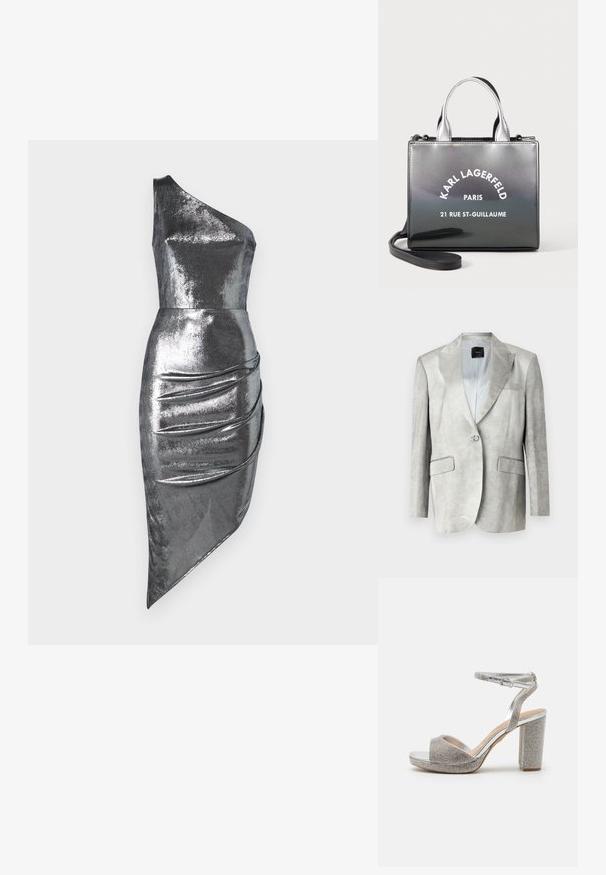 Vaaleanharmaa bleiseri, jossa on sileä rakenne, lovet lapelit, yksinkertainen nappikiinnitys ja kaksi etutaskua. Yksinkertainen muotoilu, istuva leikkaus.; Hame dress silver metallic yhdellä olalla, jossa on istuva vartalo ja epäsymmetrinen helma, sivussa kerrostumista. Sujuva, kiiltävä tekstuuri.; Hopeasaappaat, joissa on avoin varvas, kimaltelevat strassikoristeet ja paksu lohkoalusta. Mukana säädettävä nilkkahihna.; Kiiltävä musta ja hopea Karl Lagerfeld käsilaukku yläkahvoilla ja irrotettavalla olkahihnalla, jossa on merkintä "Paris 21 Rue St-Guillaume".
