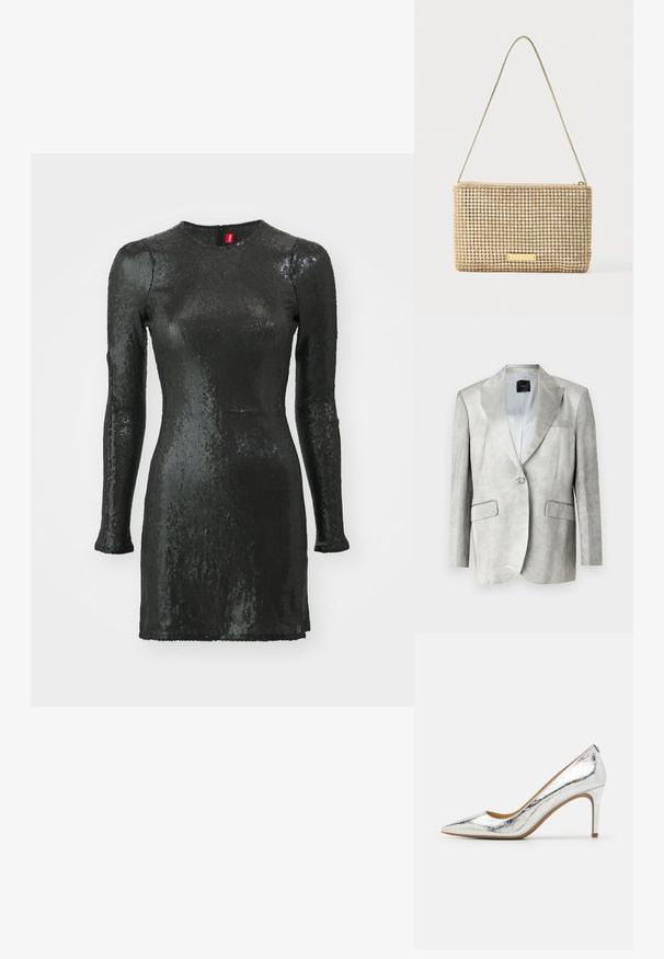 Lys grå blazer med en glat tekstur, klapkrave, enkelt knaplukning og to frontlommer. Enkel design, skræddersyet pasform.; Sort pailletkjole med lange ærmer, rund halsudskæring, tætsiddende pasform og lynlås i ryggen. Har en glat overflade og en blank finish.; Sølvmetallic spidset hæl med glat overflade, 10 cm høj hæl og diskret rynkemønster langs overfladen.; Guldfarvet clutchtaske med rektangulært design, dækket af skinnende, sølvfarvede rhinsten. Har en tynd metallisk skulderrem og lynlåslukning.
