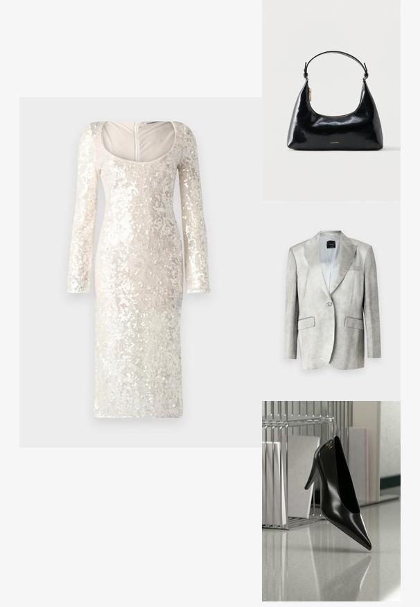 Blazer gris clair avec une texture lisse, revers crantés, fermeture à un bouton et deux poches avant. Design simple, coupe ajustée.; Robe à manches longues, crème, recouverte de sequins avec un décolleté rond et une silhouette moulante. Présente une fermeture éclair à l'arrière.; Chaussure noire à talon haut avec bout pointu et logo doré, posée sur une surface réfléchissante près d'un organiseur de dossiers en fil chromé contenant des documents.; Sac à main Calvin Klein noir brillant avec fermeture éclair dorée et anse courte sur fond blanc uni.