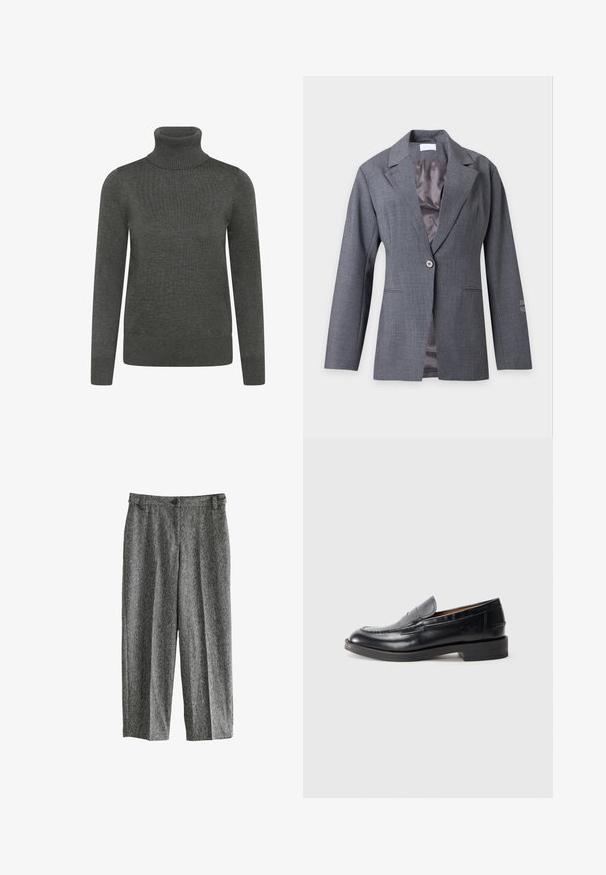 Blazer gris de un solo botón con solapas con muesca, mangas largas, bolsillos delanteros y forro interior liso, presentado sobre un fondo claro.; Suéter de cuello vuelto en gris oscuro, fabricado en tejido de punto, con mangas largas, cuello y puños acanalados y una textura suave.; Pantalones grises texturizados de corte relajado, con cierre de botón, bolsillos laterales y detalles de costura vertical a lo largo de las piernas.; Mocasines de cuero negro con un diseño cosido, puntera redonda, tacón bajo apilado y detalle del logo en relieve en el lateral. Textura suave.