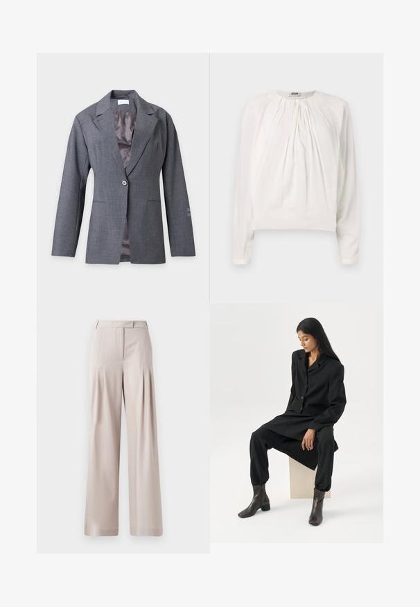 Blazer gris à un bouton, avec revers crantés, manches longues, poches avant et doublure intérieure lisse, présenté sur un fond clair.; Blouse blanche à manches longues avec un col rond et un devant plissé. Tissu doux et lisse avec une coupe décontractée et un détail de bouton au col.; Pantalons larges beiges avec une texture lisse, un design plissé à l'avant et une taille ajustée. Convient pour une tenue formelle ou décontractée.; Femme aux longs cheveux foncés assise, portant un blazer noir ample, un pantalon large assorti et des bottines foncées, sur un fond blanc uni.