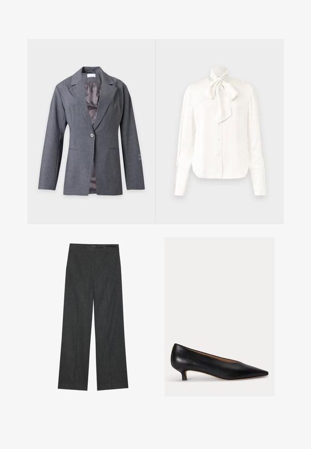 Blazer gris à un bouton, avec revers crantés, manches longues, poches avant et doublure intérieure lisse, présenté sur un fond clair.; Blouse blanche à manches longues en tissu léger avec col haut et un grand nœud au niveau du cou, dotée d'une fermeture à boutons sur le devant.; Pantalons larges gris foncé en tissu texturé, avec une taille plate, des passants de ceinture et une finition soignée à l'ourlet.; Chaussure en cuir noir à bout pointu avec un petit talon bas et un talon kitten court, finition lisse sur fond uni.