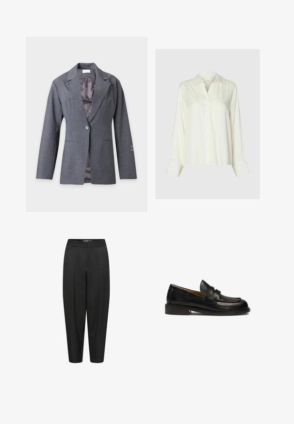Grå blazer med enkelt knap, notched revers, lange ærmer, forlommer og en glat indvendig foring, vist mod en lys baggrund.; Langærmet hvid satinbluse med klassisk krave og skjult knaplukning foran, vist på en ensfarvet lysegrå baggrund.; Sorte skræddersyede bukser med plisseret front, smalle ben og en glat tekstur. Mellemhøj talje og ankel-længde.; Sort læder loafers med rund tå, dekoreret overrem og lav stablet hæl. Glat tekstur og minimale syninger.