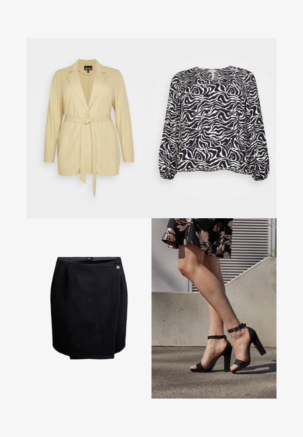 Pieces Curve TIE - Blazer - white pepper; Object Curve OBJLEONORA V-NECK - Blouse - black; Jupe noire enveloppante avec une fermeture à bouton sur le côté, fabriquée en tissu lisse, arrivant au genou avec un léger détail de superposition.; Des sandales à talons hauts en suede noir présentent une bride de cheville avec une boucle, un design à bout ouvert et un talon épais. Texture lisse et style minimaliste.