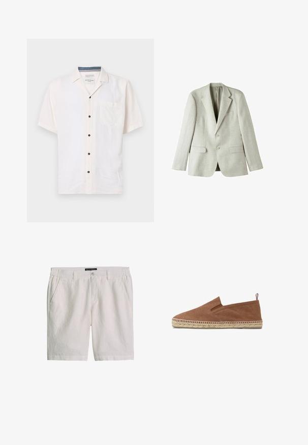 Lichtgrijze linnen blazer met een enkelbreasted ontwerp, twee voortassen en twee knopen. Heeft notch-revers en een zachte textuur.; Korte mouwen shirt gemaakt van lichte stof, in off-white, met een borstzak en zwarte knopen langs de voorknoping.; Witte knielange casual shorts met knoop aan de voorkant, zijzakken, ceintuurlussen en elastische taillebandinzetstukken.; Bruine canvas instapper espadrille met gevlochten juten zool en klein stoffen treklipje bij de hiel, afgebeeld tegen een witte achtergrond.