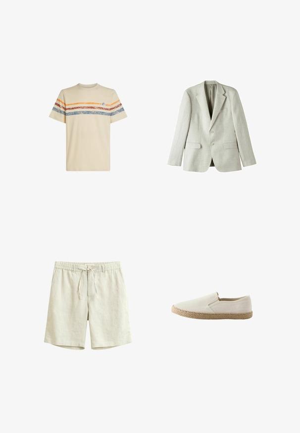 Lys grå linned blazer med enkeltstående design, to frontlommer og to knapper. Har udsvingede revers og en glat tekstur.; Cremefarvet bomulds t-shirt med horisontale striber i orange, rød og blå. Korte ærmer, rund halsudskæring og lille logo-detail på brystet.; Lys beige linnedshorts med elastisk talje, bindebånd og sidelommer, vist mod en hvid baggrund.; Beige slip-on sko med vævet juttesål og ensfarvet stofoverdel, set fra siden mod hvid baggrund.