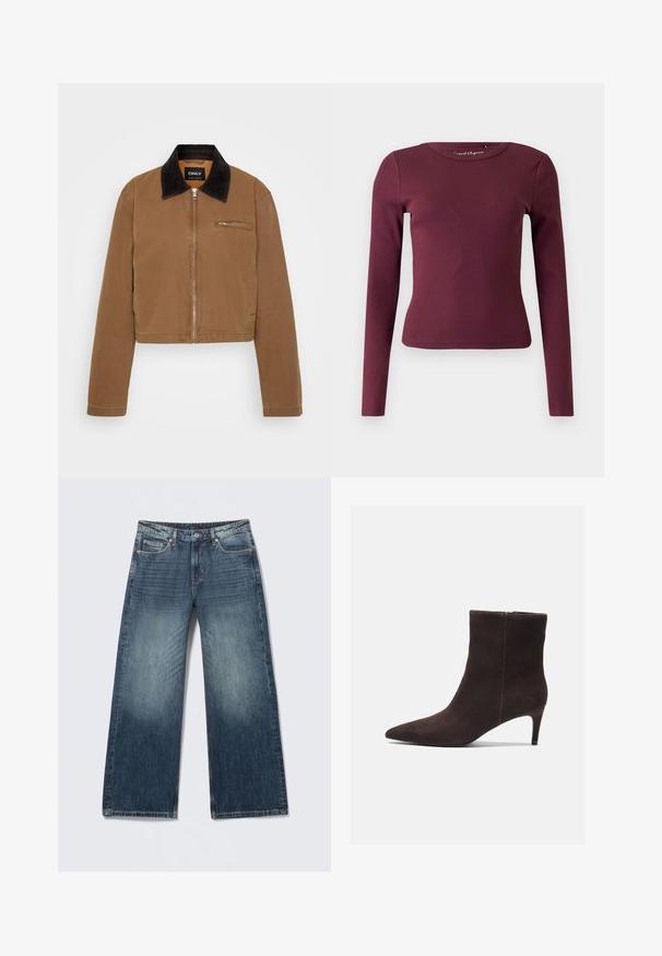 Brun cropped jakke med en sort fløjlskrave, frontlynlås og en brystlomme. Glat stof med minimale sømdetaljer.; Langærmet tætsiddende ribstrikket top i mørk bordeaux med rund halsudskæring og en let cropped kant.; Blå jeans med vide ben, knap- og lynlåslukning, lommer foran og bagpå samt udvaskede detaljer på lår og knæ.; Brune ruskinds ankelstøvler med spids tå og 3-tommers hæl, der har en glat tekstur og et minimalistisk design. Lynlåslukning bagpå.