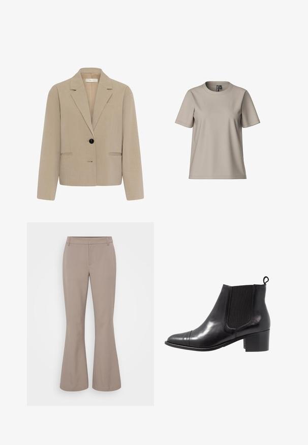 Veste beige courte avec revers crantés, une fermeture à bouton noir, manches longues et poches passepoilées à l'avant.; T-shirt beige à manches courtes en tissu lisse, avec un col rond et un design simple sans motifs ou détails marquants.; Gina Tricot Tall RELAXED TROUSERS - Pantalon classique - taupe; Botte de cheville en cuir noir avec des panneaux élastiques sur les côtés, bout rond et talon en bloc texturé. Dispose d'une languette en boucle à l'arrière pour un enfilage facile.
