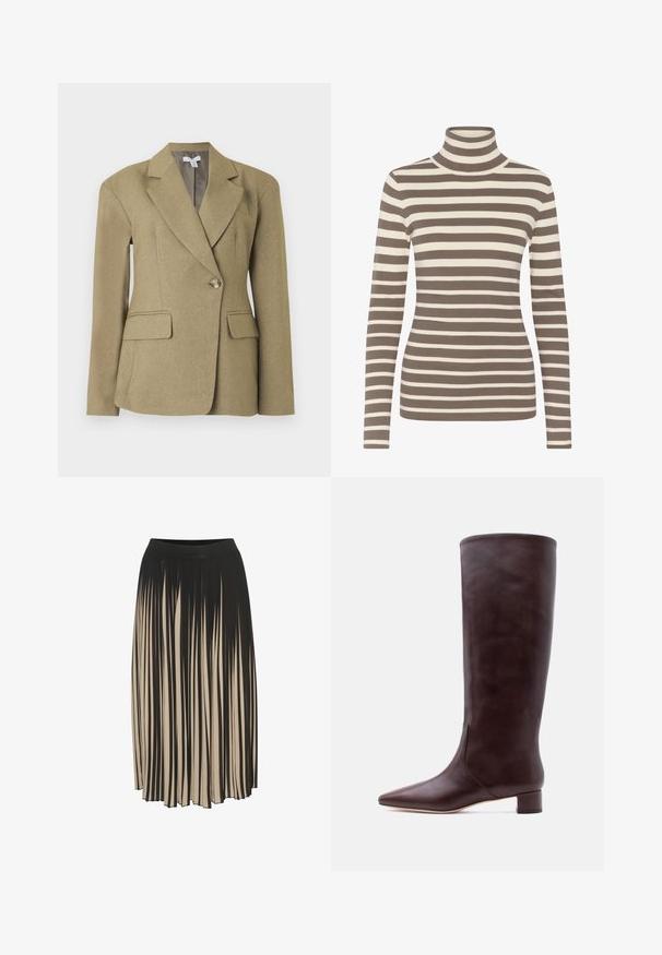Beige enkeltknappet blazer med hakkede revers, forlommer med klap, lange ærmer og skræddersyet pasform, vist på en hvid baggrund.; Brun og creme stribet højhalset sweater i en tætsiddende design. Har lange ærmer og ribbet struktur. Blødt strikmateriale.; Fald midi med plissering i sort og beige med høj elastisk talje, der har lodrette striber og en strømlinet design, der giver bevægelse.; Høj brun læderstøvle med spids tå og lav blokhæl, stående opret på en ensartet lys baggrund.