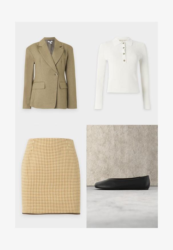 Beige blazer met één knoop, met ingesneden revers, klepzakken aan de voorkant, lange mouwen en een getailleerde pasvorm, afgebeeld op een witte achtergrond.; Wit geribd gebreide top met lange mouwen, een kraag en vier knopen aan de voorkant.; Beige en bruine potloodrok met pied-de-poule patroon, een aansluitende pasvorm en donkerbruine afwerking aan de zoom.; Zwarte leren balletflat met een afgeronde neus, een gladde textuur en een gouden logoaccent aan de zijkant. Geplaatst boven een reflecterend oppervlak.