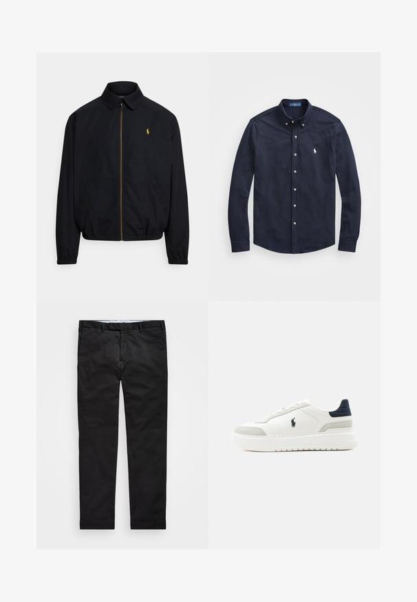 Schwarze Jacke mit Reißverschluss, Kragen, elastischen Bündchen und Saum, mit kleinem goldenem Logo auf der linken Brust. Hergestellt aus glattem Stoff.; Marineblaues Langarmhemd mit Knopfleiste und Kragen, mit vorderer Knopfleiste und kleinem weißen Logo auf der linken Brust, aus weichem Baumwollstoff gefertigt.; Schwarze Chinos mit geradem Bein, aus einem Baumwollmischgewebe, mit Reißverschluss, Gürtelschlaufen und Seitentaschen. Glatte Textur.; Weißer Sneaker mit niedrigem Schaft, schwarzem Fersenriemen, grauen Wildlederakzenten, dicker Sohle und schwarzem Polo-Logo an der Außenseite.