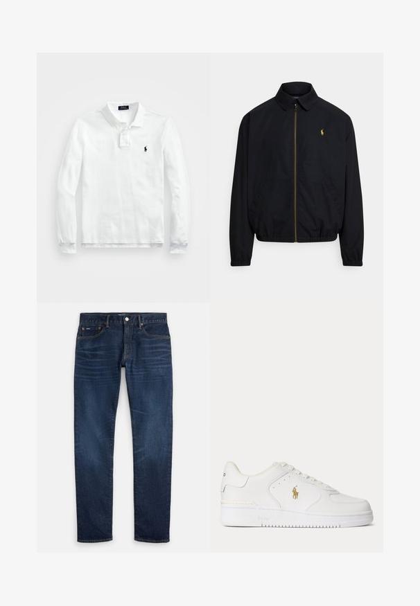 Must zipuga jope kraega, elastsete varrukasäärte ja alläärega, vasakul rinnal väikese kuldse logoga. Valmistatud siledast kangast.; Valge pika varrukaga polo särk, mis on valmistatud puuvillast, klassikalise krae, kolme nupuga ja tumesinine logo vasakul rinnal.; Tumed sinised slim-fit teksad, millel on reitel õrn tuhmumine, viie tasku disain ja nööpkinnis vöökohal.; Valged madala säärega nahast tossud valgete nööpide ja külgedel kuldse Polo Ralph Laureni logoga ning "Polo" tallale reljeefselt pressitud.